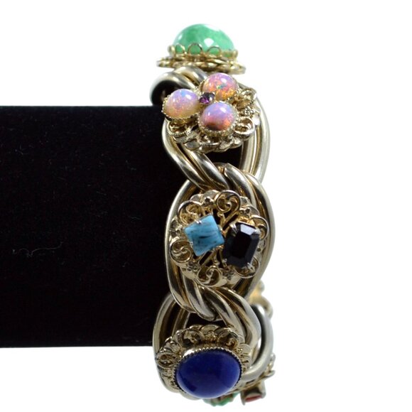 Vintage Gold Tone Bracelet Natural Stones Rope Design Clasp 1950s Statement - Picture 3 of 8